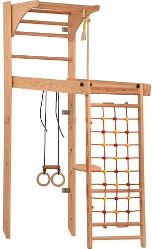 Rinagym Kletterwand Kinder & Erwachsene - Sprossenwand Kinderzimmer - indoor Holzspielplatz - Klettergerüst - Kletterseil - bis 100 kg (Ohne Lackierung/Ungefärbt/Natur)