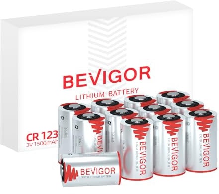 Bevigor CR123A Lithium Batterie 12 Stück, 1500mAh 3V Li-Ion, Nicht wiederaufladbarer Hochleistungs-Li-Ion-Batterie für Haussicherheit und drahtlose Sicherheitssysteme