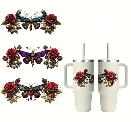 3pcs Steampunk Butterfly UV DTF Cup Wraps Transfer Waterproof Sticker for Glass Cups Furniture Craft DIY Crafts,Rub on Transfer Stickers for DIY Water Bottle Laptop Decal Wood Car
