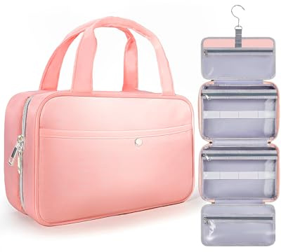 Chakipee Travel Hanging Toiletry Bag for Women - Foldable Toiletries Waterproof Organizer with Clear Window, Lightweight Wash Bags for Essentials, Makeup, Shampoo，Dark Pink, Medium