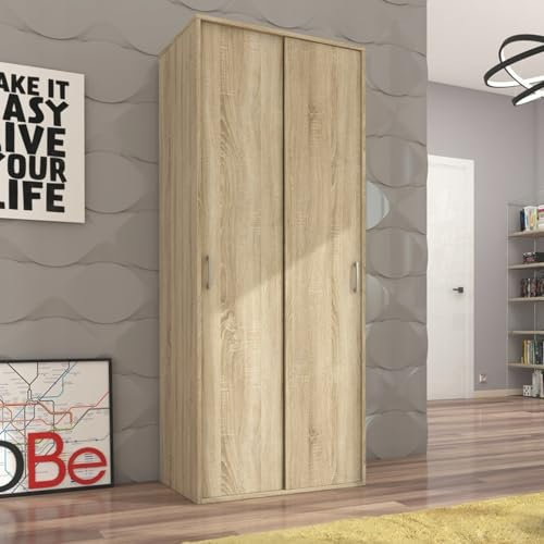 Moderner Kleiderschrank mit Schiebetüren, 2-türiger Schiebetürenschrank mit Kleiderstange, Platzsparender Schrank für Schlafzimmer, Ankleidezimmer, Flur, Kinderzimmer, 70x60x180,5 cm (BxTxH), Sonoma
