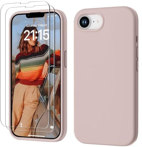 GOODVISH 3 in 1 Silicone Cover per iPhone 16e 6.1, Custodia con 2 Pellicola Vetro Temperato [Protezione Fotocamera] Protezione Anticaduta Case per Cellulare Antiurto Resistente, Rosa Sabbia
