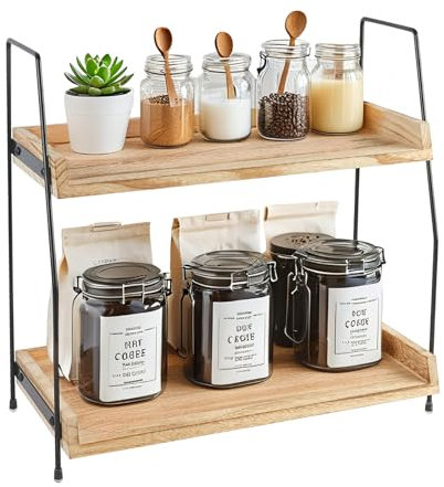 PopuLike Coffee Station Organizer, 2 Tier Kitchen Counter Shelf Wooden Coffee Bar Accessories Storage Kitchen Spice Rack