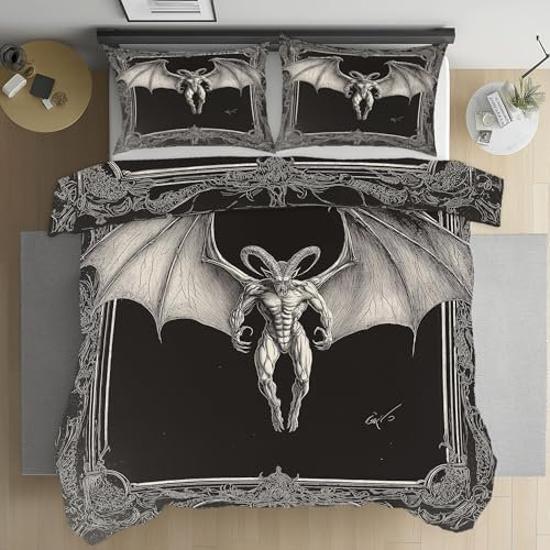 Bettwäsche 220x240 Teufel Satan Bettwäsche Set Weich Microfaser Kuschelige Bettwäsche, Mittelalterliche Fledermäuse Wendebettwäsche Schwarz Bettbezug und Kissenbezug 80x80cm mit Reißverschluss