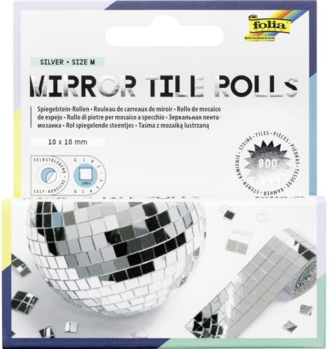 folia 541060 - Mirror Tile Rolls SILVER SIZE M, 2 Rollen mit 4 cm x 1 m, Spiegelmosaik in Silber, 800 Glasspiegelsteine je 10 x 10 mm, selbstklebend, zum Verzieren und Dekorieren
