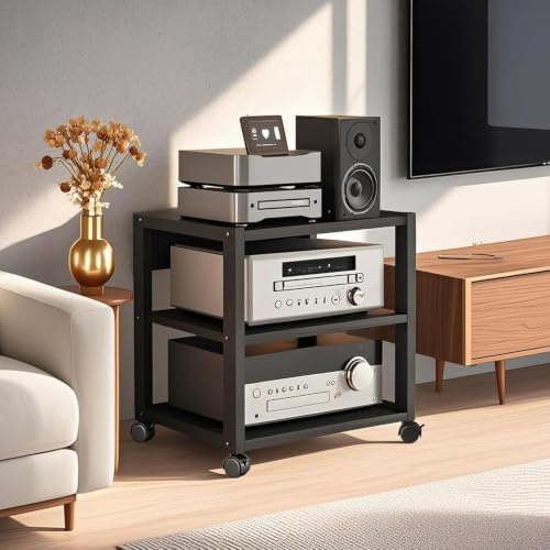 XEOKXOIT 3 Tier AV Media Stand, Audio Rack Tower Stereo Components Cabinet | Home Theatre CD Record Player Stereo Receiver Equipment Rack with Adjustable Wood Shelves, Load 220lbs (Black)