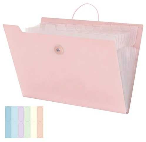 JEFURE Expanding File Folder, 12 Pockets Document Organiser, Accordion File Organiser for A4 Size Paper Storage, Portable Folder for Home, Office and School Use (Pink)