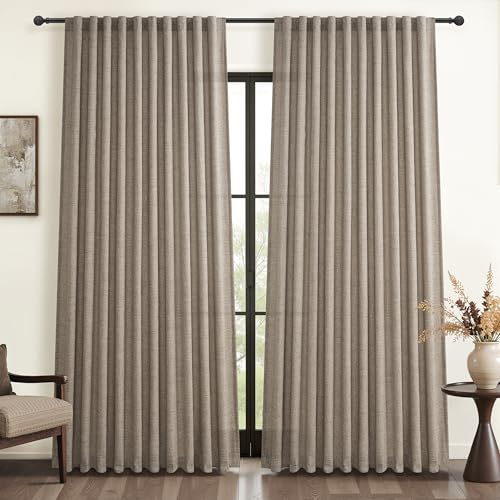 Dark Flax 70 Inches Extra Wide Traverse Sheer Curtains Pleated for Bedroom, Lush Decor Linen Light Filtering Privacy Patio/Sliding Door Drapes for Large Window 8ft Long (70 Wx96 Lx2 Panels,Tiebacks)