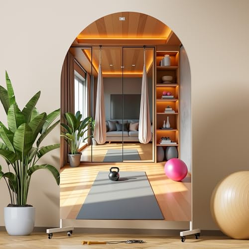 Hasipu Ganzkörperspiegel 170 x 100 cm, 360° Drehbar Standspiegel mit Rollen, Gehärtetes Glas, Gewölbter Home Gym Spiegel Tanzspiegel für Schlafzimmer Fitnessraum Yoga