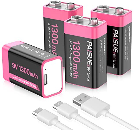 9V Rechargeable Batteries, 1300mAh High Capacity Lithium-ion Long Lasting Batteries for Smoke Detector Fire Alarm Multimeter Radio Microphone with USB-C Fast Charging Cable (4 Pack)