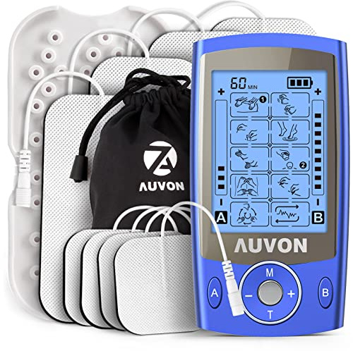 AUVON Dual Channel TENS Machine for Pain Relief, 8 Pcs TENS Pad Replacement | 20 Modes TENS Machine, 2 and 2x4 TENS Unit Electrode Pads, Drug-Free Pain Relief for Shoulder, Lower Back, Muscle(Blue)