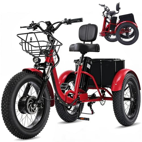 Broobey Electric Tricycle for Adults 48V15Ah Etrike 20x4 Fat Tire Electric Trike 3-Wheel Folding Electric Tricycle Max 20KM/H With a large-capacity bike basket（red）