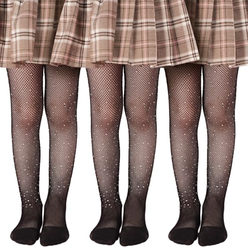 SAIIURV 3 Pares Medias de Red Negras de Strass para Niña, Medias Malla Pantimedias Brillantes de Rejilla Kids Halloween Stockings para Cosplay Ballet Fiesta Danza