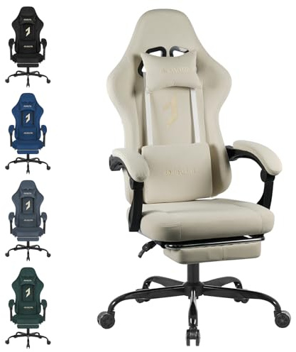 JAJALUYA Gaming Chair,Office Chair Ergonomic Computer Chair with Footrest Headrest Lumbar Support＆Massage,Micro Suede is And Breathable Suitable for Adult Office video Gaming Desks Chairs (White)
