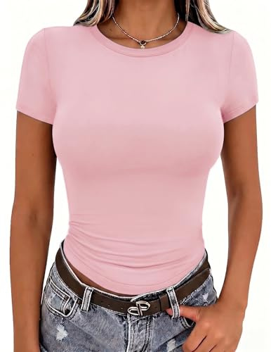 Zeagoo Haut Manche Courte pour Femme Classique Couleur Uni Courte Tee Shirt Stretch Basique Top Moulante Col Rond T Shirt Rose Clair XS
