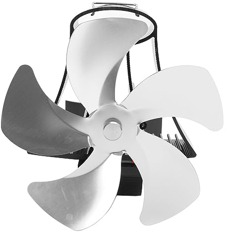 Wärmebetriebener, Wandhängender Kaminventilator mit 5 Flügeln, Geräuschlos, aus Aluminiumlegierung, für Holzöfen und Mehr (SILVER)