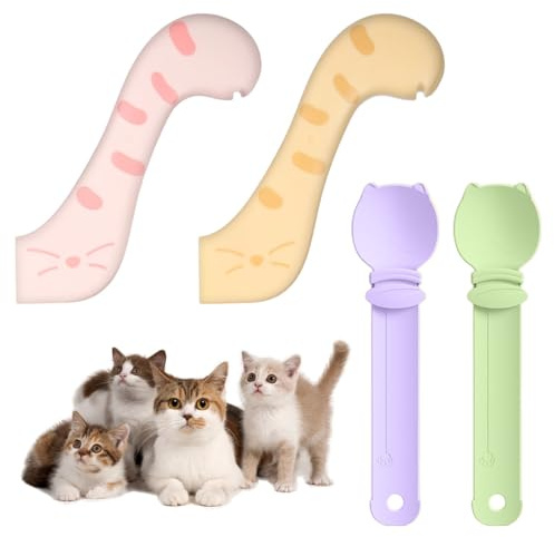 VEOIRXU 4 Piezas Cucharas de Comida Para Gatos Dispensador de Golosinas Multifunción Cuchara Para Gatos 2 Cucharas de Prensa y Alimentación + 2 Abrelatas Para Mascotas (4 Colores)