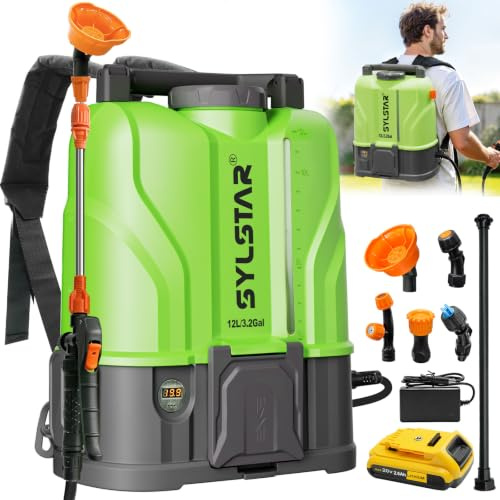 SYLSTAR Pulverizador Electrico 12L, 7Bar Potente Sulfatadora Bateria Compatible con DeWalt 18V, 5 Boquillas Pulverizador Bateria con Fuerza de Pulverización Ajustable (con Cargador)