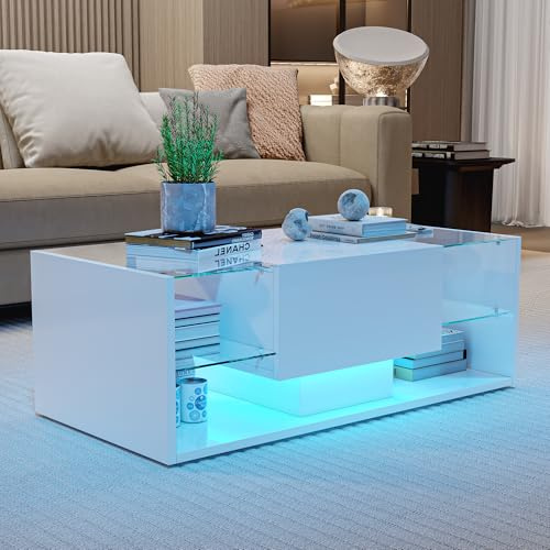 BRILVERDE Mesa de Centro Negra de Alto Brillo con Iluminación LED, 2 Cajones y 2 Estantes de Cristal, Mesa de Salón Moderna con Almacenaje (Blanco, 100 x 50 x 35 cm)