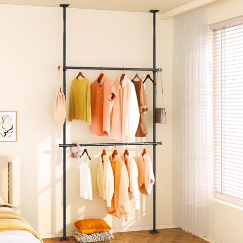 Yeabett Teleskop-Kleiderstange & Raumteiler Gardinenstange | Ohne Bohren, freistehend, für Kleiderschrank und Zuhause, Kleiderschrank Kleiderstange, 227-312x71-138cm, Schwarz