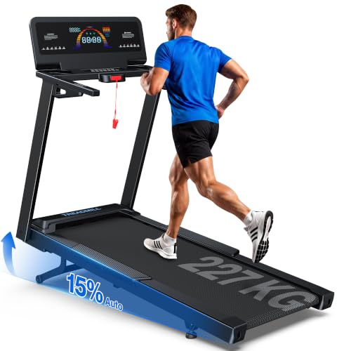 Cardirun Laufband mit 15% Automatische Steigung, 4.5PS Leise Treadmill | 227KG, 135 × 50cm Große Lauffläche, 12 HIIT Programme & App, 180° LED Drehbarer Schreibtisch, 16km/h, Laufbänder for Home Gym