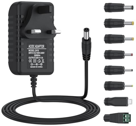 Yisica 24V 1A DC Power Supply UK Plug AC Adapter with 8 DC Plug Tips, Converter Driver AC 100-240V Supply to 24V,Converter Adapter Transformer for CCTV Camera, USB 3.0 HUB, LED Lights