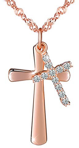 Unendlich U 925 Sterling Silber Damen Mädchen Zirkonia Kette Doppel Kreuze Anhänger Halskette Kreuzanhänger Halsschmuck, Rosegold