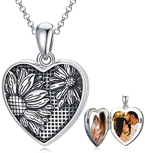 ROMANTICWORK Collier Photo Médaillon en Argent Sterling 925 Pendentif Porte Photo Tournesol Médaillon Photo Bijoux Cadeaux Anniversaire pour Femme Fille