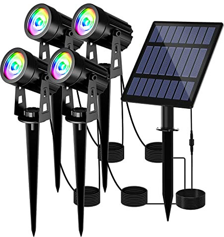 T-SUN Gartenstrahler Solar, 4 Stück Solarstrahler Solarlampen für garten, IP65 Wasserdicht LED Solarlampe mit 2 Helligkeitsstufe, 3 Meter Kabe für Bäume,Sträucher,Gartenweg (RGB)