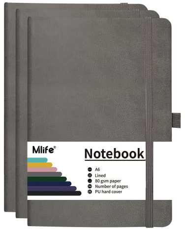Mlife 3Pack A6 Klein Journal Notizbuch, 192 Seiten, A6 Notizbücher Mini Hardcover mit elastischem Verschlussband und Falttasche (Grau)…