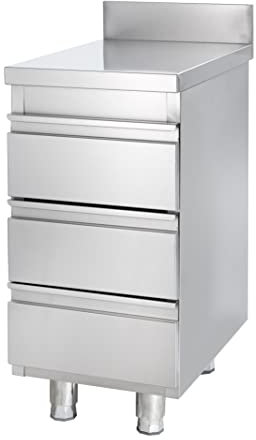 GastroHero Edelstahl-Schubladenschrank BASIC 3er Einheit 600 mit Aufkantung, AISI 201 Gastronomiebedarf