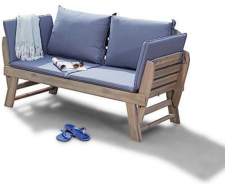 Terra Home - Garten Multifunktionsbank Laholm - Grau, Akazie, 136/190x68x76 cm, wetterfest, für 2 Personen, klappbar - Gartenbank, Gartensofa, Holzbank, Sitzbank, Liege für Outdoor, Terrasse, Balkon