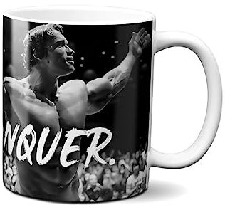 Hustling Sharks® Tasse mit Spruch - Conquer - Geschenk Kaffeetasse - 330ml Spülmaschinenfest, Keramik - weiß, Tassen mit Sprüchen, Tasse Motivation, Tasse Sport, Büro