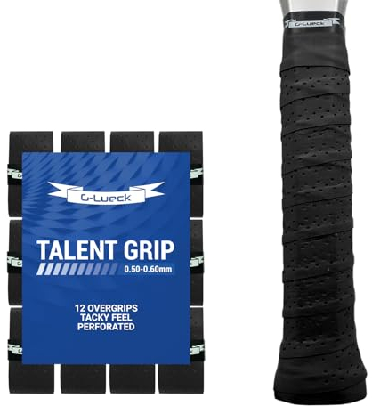 G-Lueck 12er Set Tennis Overgrip Talent Grip mit Perforation | 0,50-0,60mm Stärke | Griffband für Squash Badminton Schläger mit Selbstklebendem Abschlußband | sehr griffig, Anti-Rutsch (Schwarz)