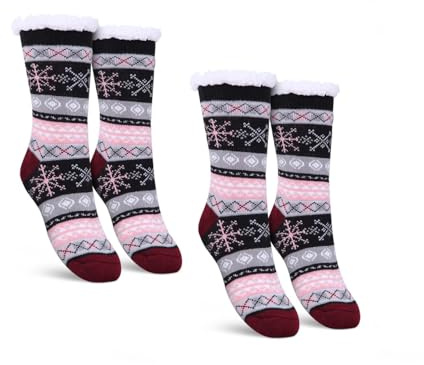 Bestlivings Stoppersocken Damen mit Teddyfutter Haussocken - Hüttensocken mit Anti-Rutsch-Sohle - ABS Norweger Socken Zopfmuster - Kuschelsocken Einheitsgröße (Schwarz (2 Paar))