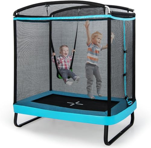 COSTWAY 2 in 1 Kindertrampolin mit Schaukel, Gartentrampolin rechteckig mit Sicherheitsnetz & Randabdeckung, Indoor-/Outdoortrampolin für Kinder bis 100kg Belastbar (Blau)