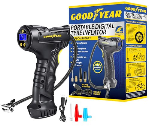 Goodyear Cordless Car Tyre Air Inflator Compressor | Digital Screen | Also Inflates Motorcycle Motorbike Cycle Bicycle Bike Tyres Inflatables