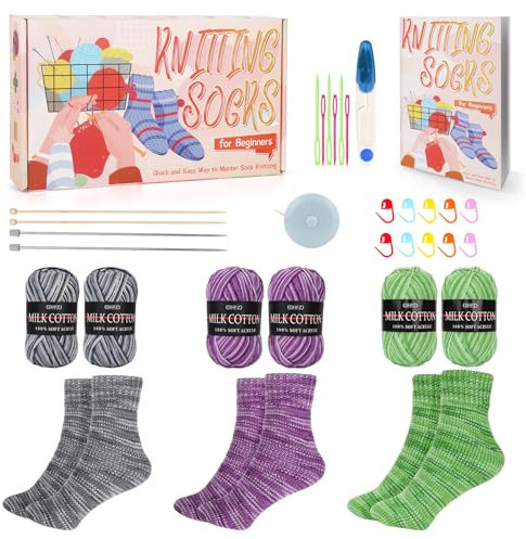 Katech Stricken für Anfänger Set, Strumpfnadeln für Socken, Knitting Set Anfänger, 25cm Stricknadeln Socken aus Metall und Bambus, Strickset für Anfänger mit Englisch Anleitung, Grün+Lila+Grau