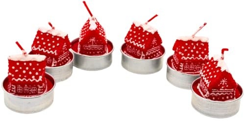 6er Set Teelicht Lebkuchen - Figurenkerze, Zierkerze, Dekokerze als Lebkuchenhaus in rot, Maße je Teelicht L/B/H: 4 x 4 x 4 cm.