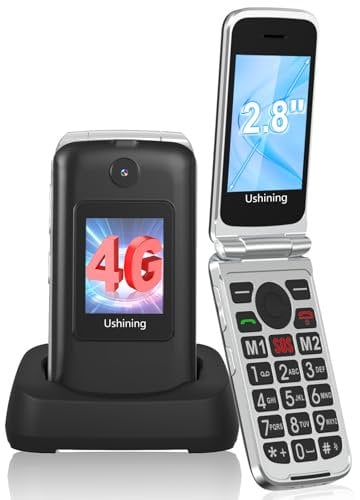 USHINING T3105 4G Unlocked Flip Mobile Phone for Senior with Big Button | 2.8+1.77 Dual Screen | SOS Button | Speed Dial丨Charging Dock丨1200mAh Battery | Use Nano SIM | UK and Irish Version | Black