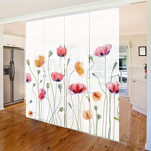 micasia Schiebegardine halbtransparent 60er Paneel Klett Blumen Textil lichtdurchlässig - Mohnblume Aquarell Flächenvorhang Weiss Wohnzimmer Schlafzimmer 1929 (240x250 cm - 4er Set)