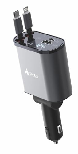FixRix Auto-Ladegerät USB-C & USB-A - Mit integrierten Teleskop-Ladekabeln USB-C & iOS 80cm, Schnellladegerät mit PD30W & QC3.0, LED-Anzeige, Smart-Chip & Schutzfuktion