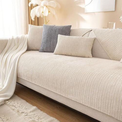 Edumov Sofa Überzug rutschfeste, Universal Sofaschoner 1 2 3 4 Sitzer, Waschbar Sofabezug Sofaüberwurf, Weiche Couchüberzug Überwurfdecken für L Form U Form Sektionssofa(Beige, 90x180cm)