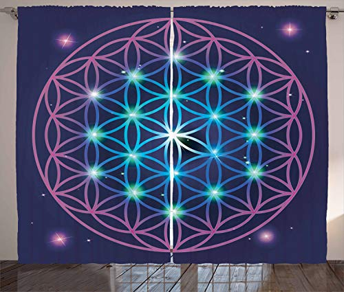 ABAKUHAUS Mandala Rustikaler Gardine, Ombre Blume des Lebens, Schlafzimmer Kräuselband Vorhang mit Schlaufen und Haken, 280 x 175 cm, Indigo