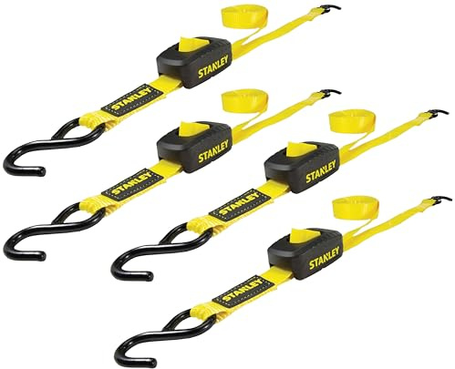 STANLEY S2002 Lot de 4 Sangles d'arrimage avec Boucle à Came fermée Noir/Jaune 2,5 cm x 3 m Charge de Travail sûre 181,4 kg Résistance à la Rupture 0,5 kg