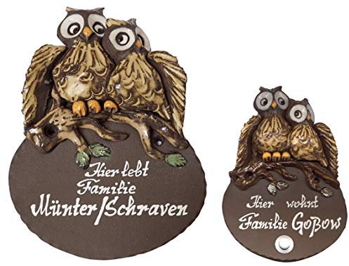 Keramikschild-2 Eulen-Türschild-Klingelschild-Namensschild-Schild-2 Größen-Relief von Hand gefertigt-Incl. Beschriftung-Mit, oder ohne Klingel (6904=210 x 160 mm mit Klingel)
