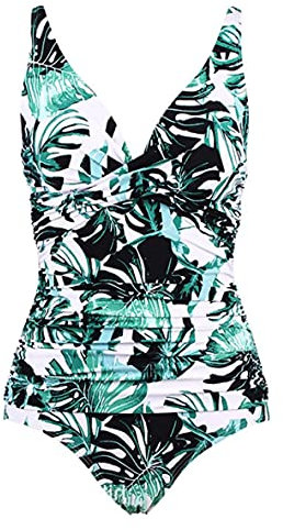 LA ORCHID - Maillot de bain une pièce pour femme - Col en V - Avec serre-ventre - Push up - Taille haute, Grande feuille verte, 48