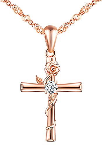 INFINIONLY Damen Halskette Anhänger, 925 silber halskette, klassische kreuzhalskette, rosen-kreuz anhänger, intarsien zirkon, elegant und einzigartig, rose gold