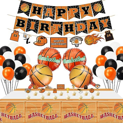 Hegbolke Basketball-Party-Dekorationen – inklusive HAPPY BIRTHDAY-Bannern, 4 Basketball-Folienballons, Tortenaufsätzen, Ballons mit Basketball-Thema (A)
