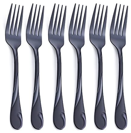 Black Salad Fork Set, Seeshine 6.9-inch((17.2 cm) Stainless Steel Dessert Forks Set of 6, Shiny Black Metal Cake Fork Dishwasher Safe